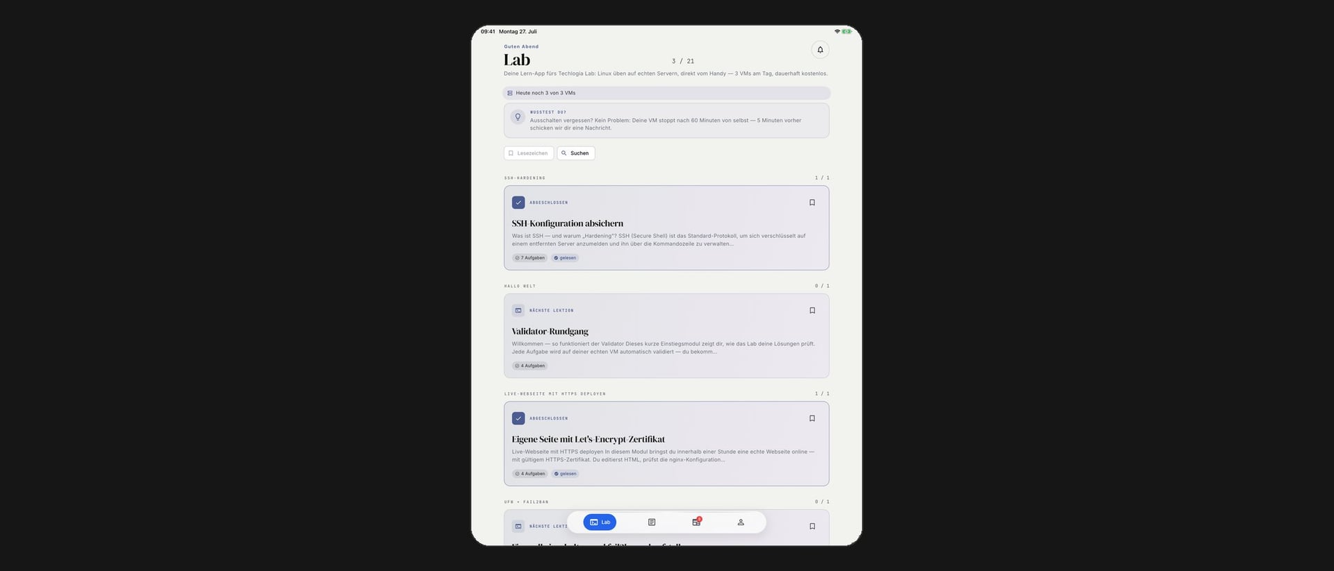 The Techlogia app on iPad: Lab catalog with lessons and progress
