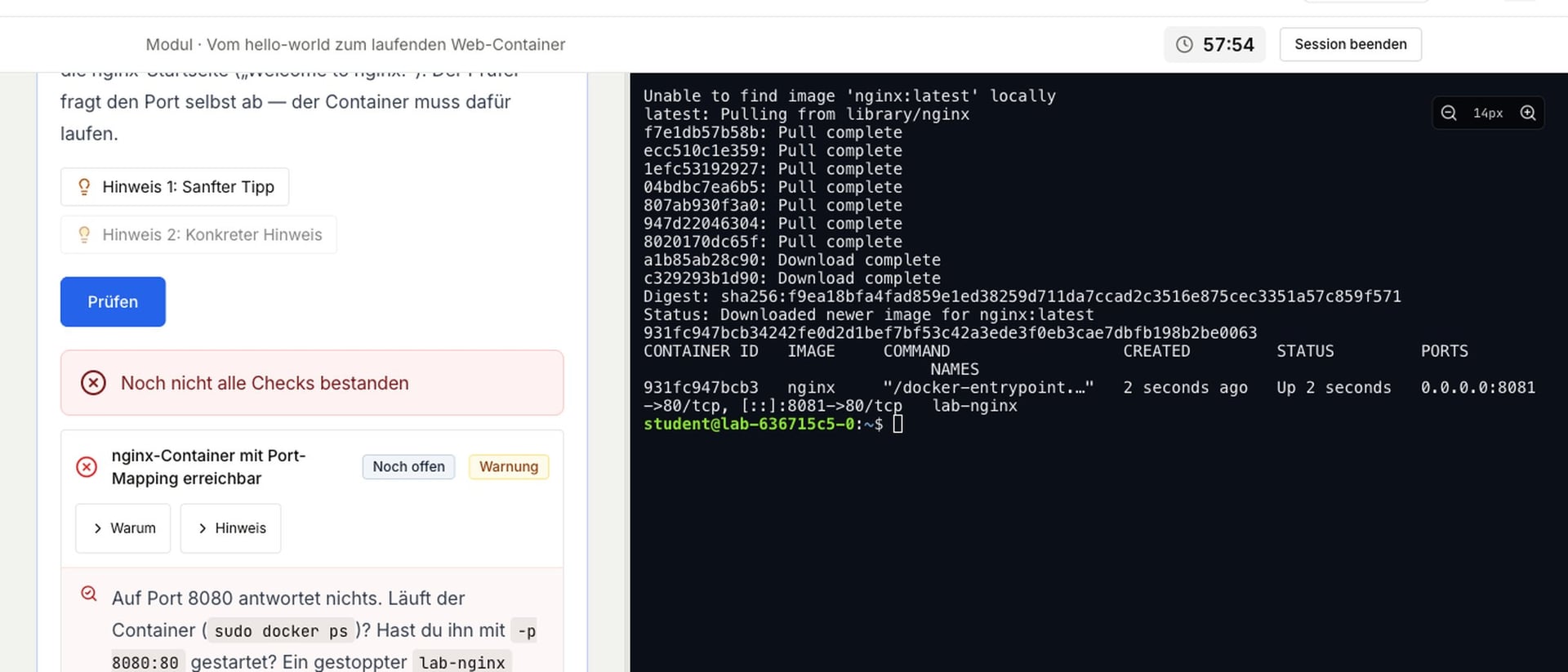 The Techlogia Lab learning platform in the browser: check result with explanation next to the live terminal of a real Linux VM