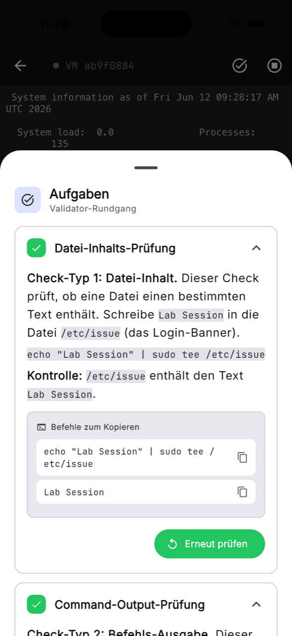 Techlogia Lab App: Aufgaben-Validierung mit grünen Haken und kopierbaren Befehlen