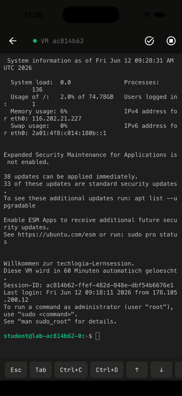 Techlogia Lab App: echtes Linux-Terminal einer laufenden Lern-VM mit Tastatur-Leiste (Esc, Tab, Ctrl+C)