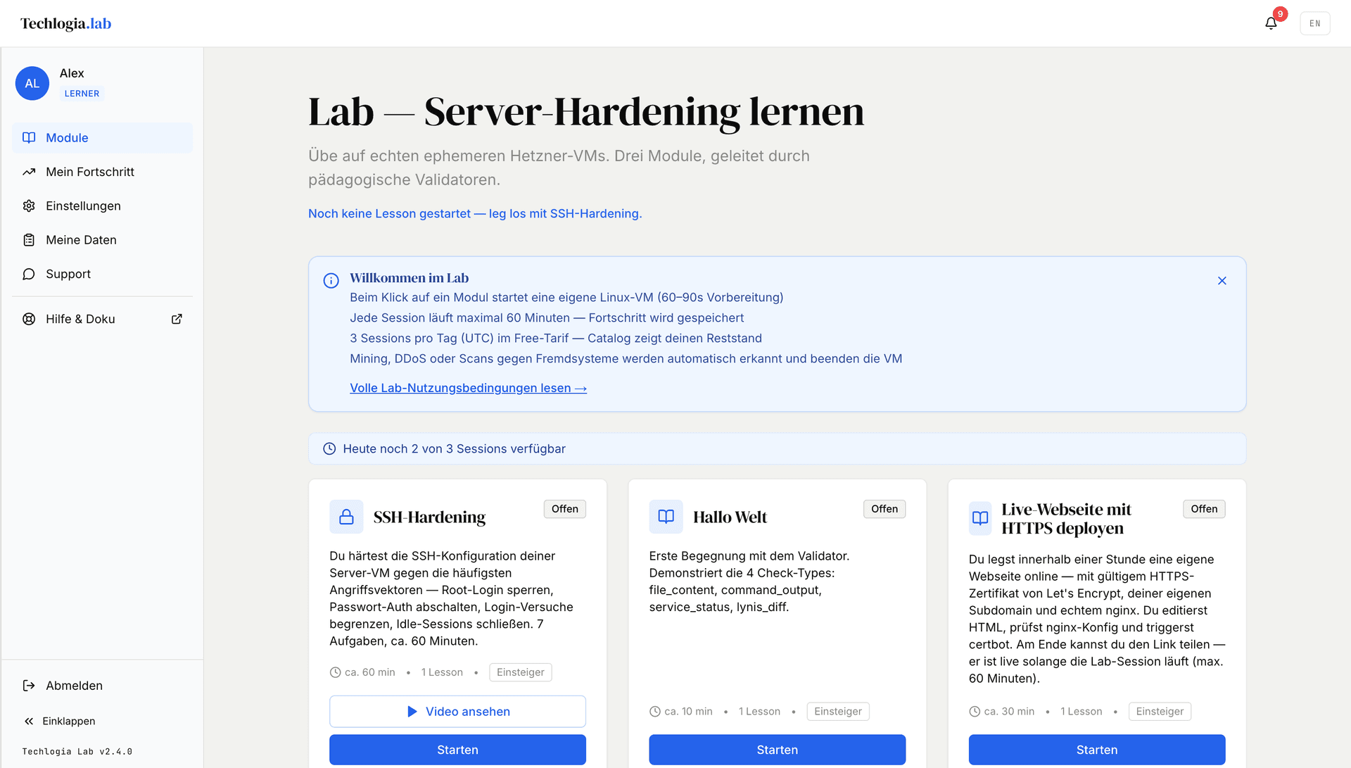 Modul-Übersicht nach dem Anmelden: Karten für SSH-Hardening, Hallo Welt und „Live-Webseite mit HTTPS deployen“, jeweils mit Dauer, Niveau und Starten-Knopf.