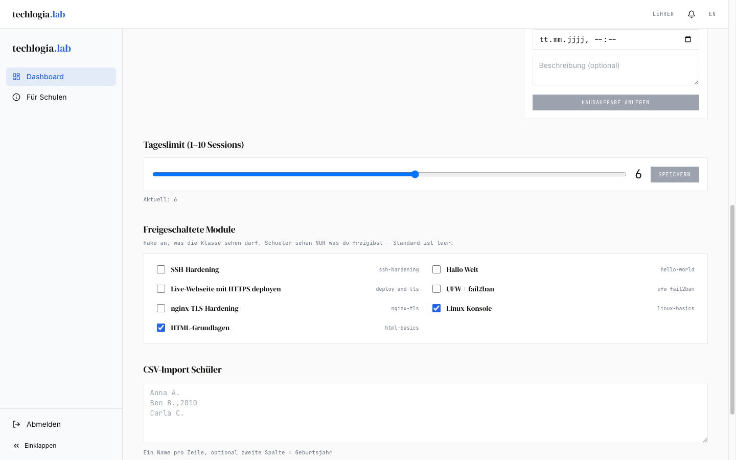 Hausaufgaben-Karte mit bestehender Hausaufgabe Erste Hausaufgabe harden-ssh-config, daneben Formular für neue Hausaufgabe mit Lesson-Dropdown, Titel-Feld und Datums-Picker
