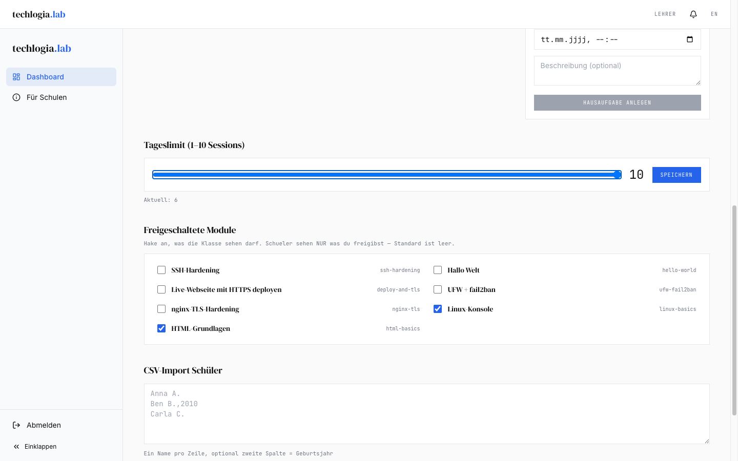 Tageslimit-Slider von 1 bis 10 Sessions, eingestellt auf 10, daneben blauer Speichern-Button. Darunter Liste freigeschaltete Module mit Checkboxen, ganz unten CSV-Import-Textarea