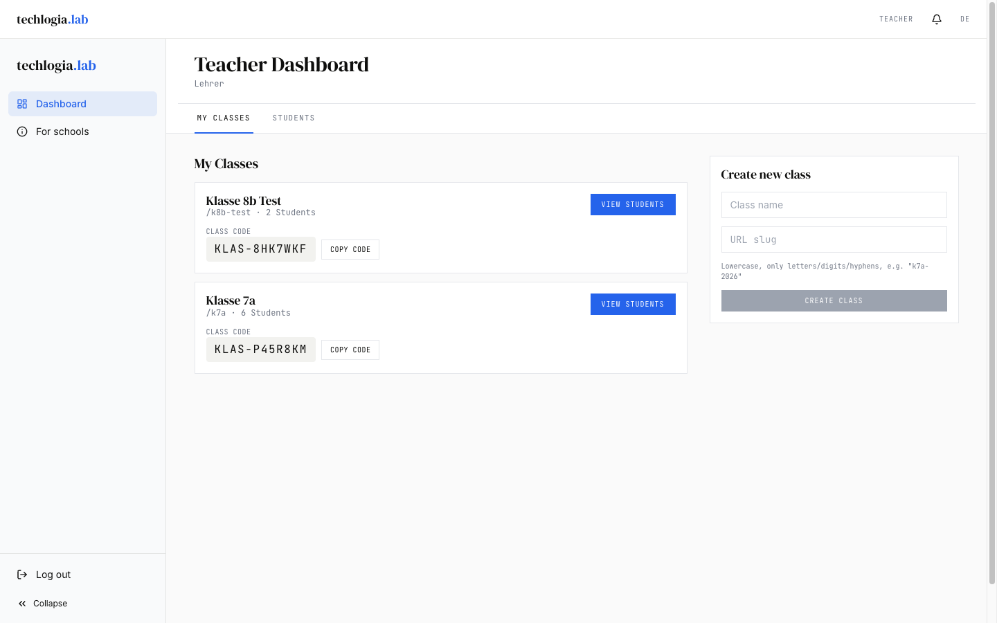 Teacher dashboard: tabs My classes and Students, two class cards with class code and View students button, on the right a form Create a new class