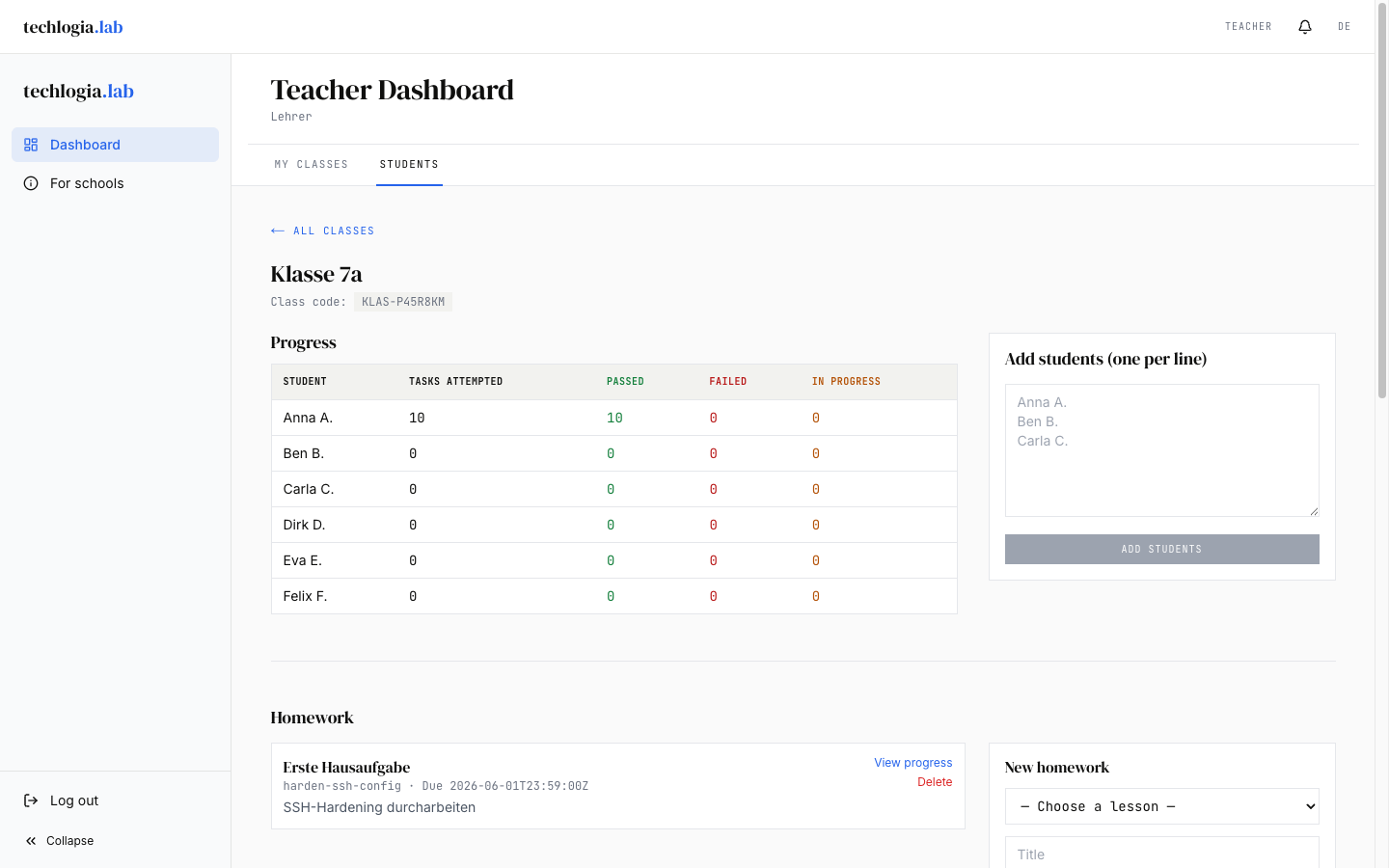 Class detail page Klasse 7a: class code KLAS-P45R8KM, learning progress table with 6 students, columns Tasks attempted / Passed / Failed / In progress, on the right the Add students form