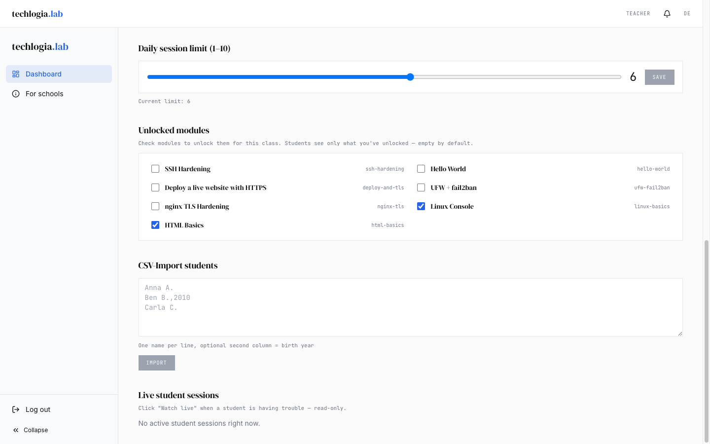 Daily limit slider from 1 to 10 sessions, set to 10, next to it a blue Save button. Below a list of unlocked modules with checkboxes, at the bottom CSV import textarea