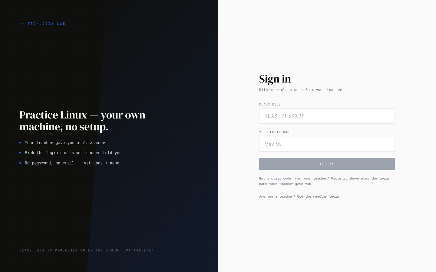 Empty student login form with two fields for class code and login name
