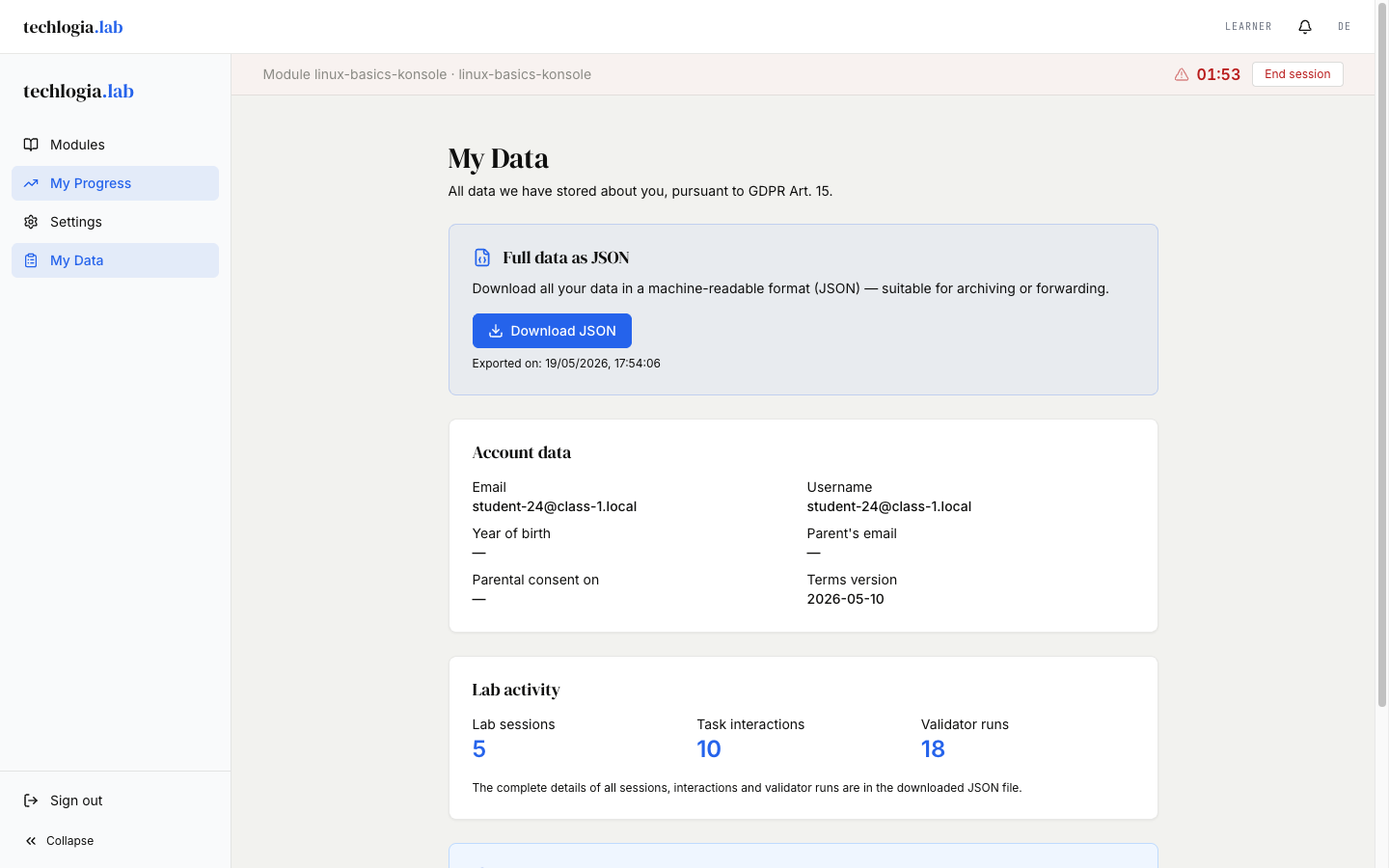 My data page: card JSON download on top, then account data with pseudo-email and terms version, at the bottom Lab activity counters