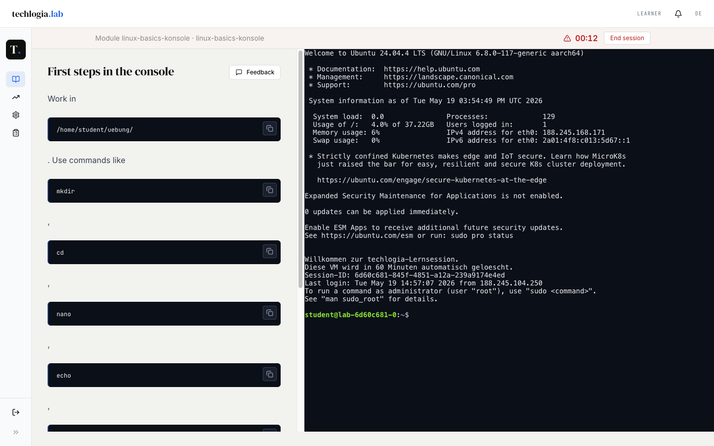 Split screen: lesson First steps on the console on the left with code snippets, real terminal on the right with Ubuntu 24.04 LTS welcome and student@lab prompt