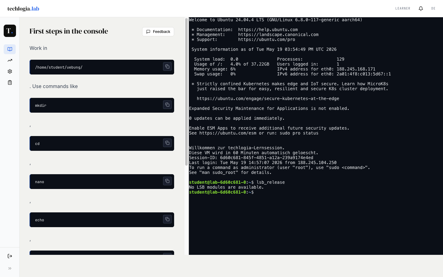 Terminal with the lsb_release command executed: output No LSB modules are available, then a new empty prompt