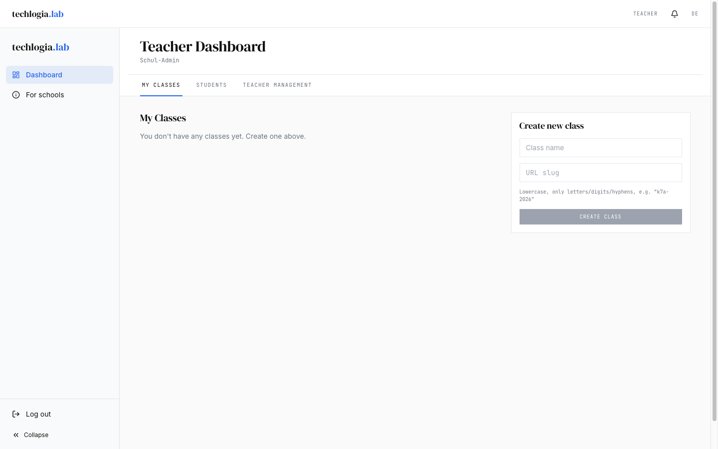 Teacher dashboard with subtitle School Admin, three tabs My classes / Students / Teacher Administration, two class cards