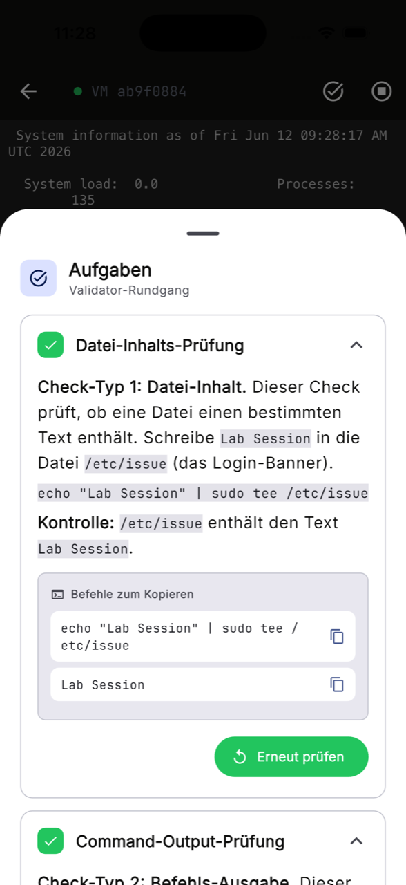 Techlogia Lab App: Aufgaben-Validierung mit grünen Haken und kopierbaren Befehlen
