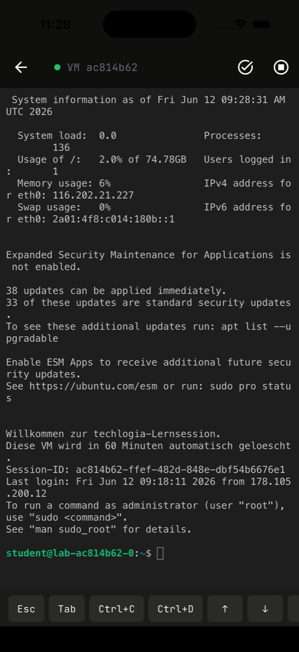 Techlogia Lab App: echtes Linux-Terminal einer laufenden Lern-VM