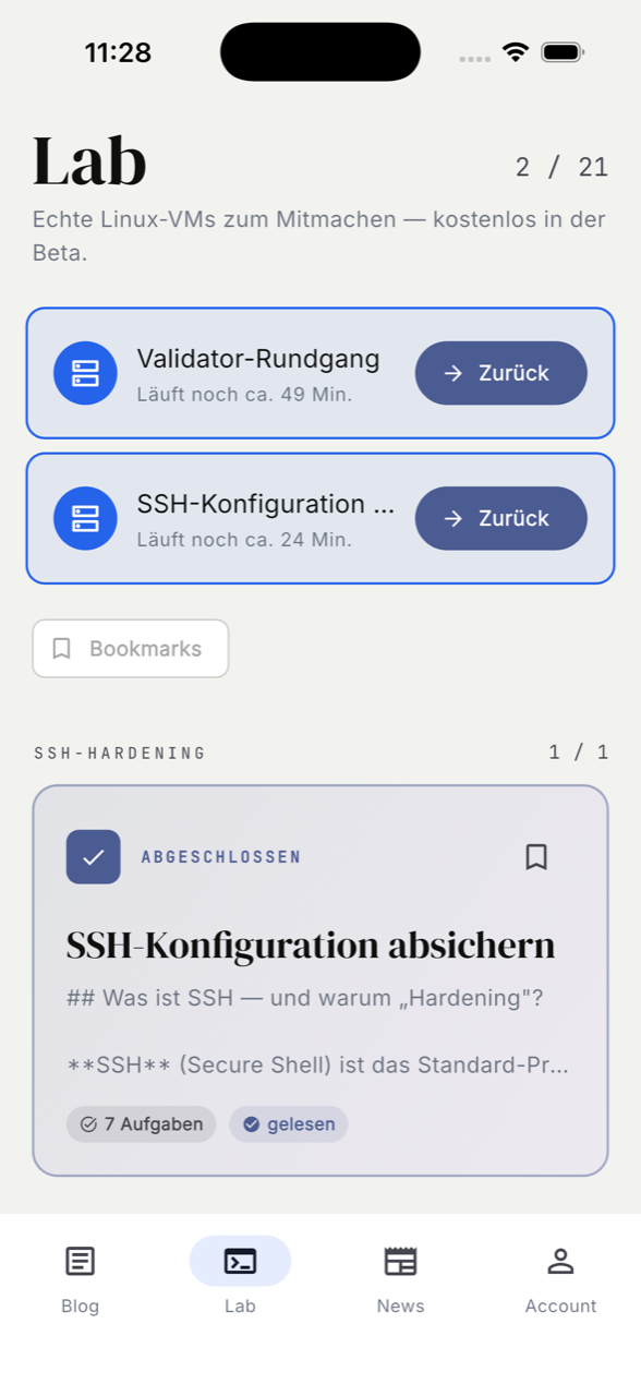 Techlogia Lab App: Modul-Übersicht mit laufenden VM-Sessions